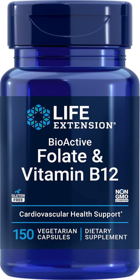 Life Extension BioActive Folate y Vitamina B12, 150 Cápsulas Vegetarianas - Suplemento No Transgénico y Sin Gluten