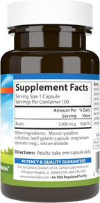 Carlson - Biotin, 5000 mcg, Healthy Hair, Strong Nails & Energy Production, 100 Capsules
