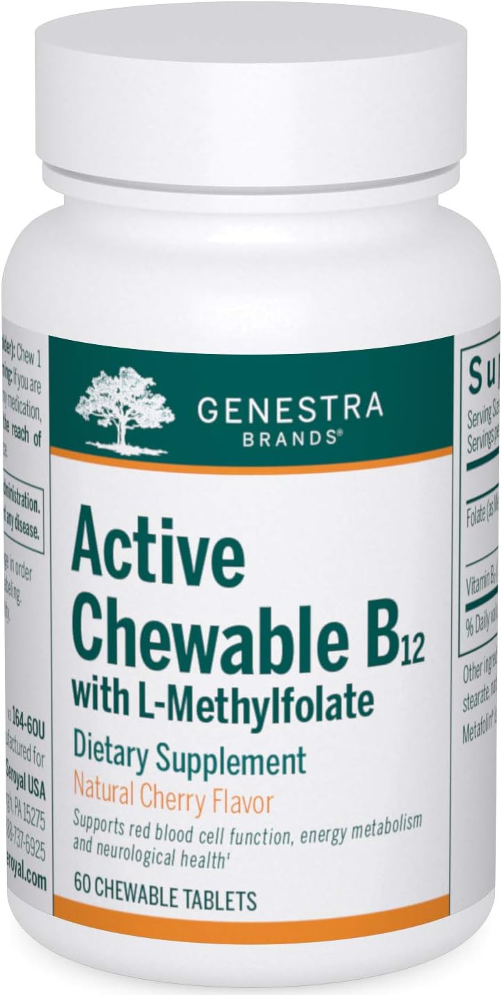 Genestra Brands Active Chewable B12 with L-Methylfolate | Vitamin B12 & Folate Supplement | 60 Chewable Tablets | Natural Cherry Flavor