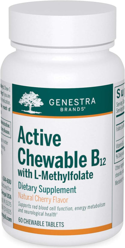 Genestra Brands Active Chewable B12 con L-Metilfolato | Complemento de Vitamina B12 y Folato | 60 Comprimidos Masticables | – Image 1