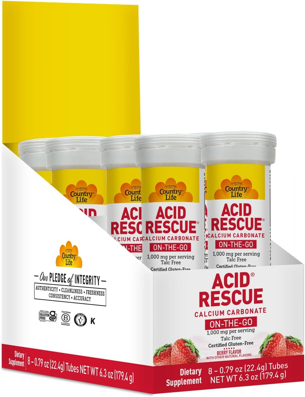 Country Life Acid Rescue Comprimidos Masticables - Alivio Rápido de la Acidez, 400mg Calcio y Magnesio, Vegano, Sin Gluten, 8 Envases (112 tabletas)