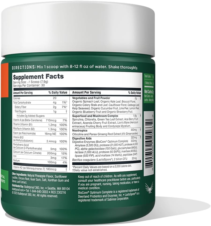 Bulletproof Greens - Polvo Verde Diario con Superalimentos y Nootrópicos, 238 g