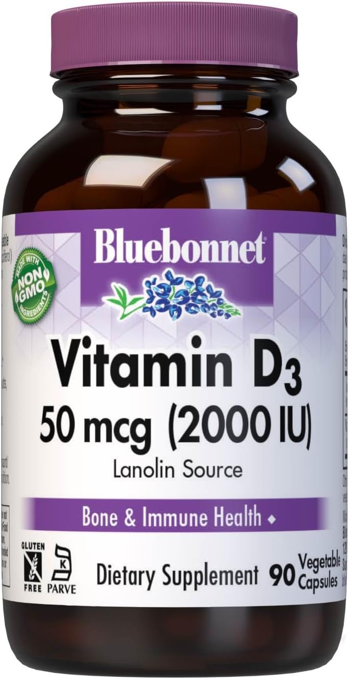 Bluebonnet Vitamina D3 2000 UI, 90 Cápsulas Vegetales