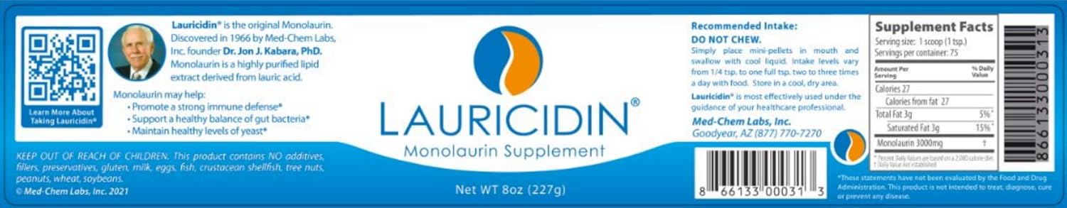 Lauricidin – The Original Monolaurin Supplement – 3000 mg per serving – 227 g per jar (Essential Immune and Digestive Health Support)