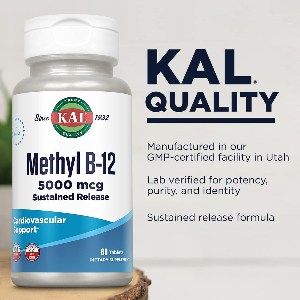 KAL Vitamina B12 Metilcobalamina 5000 mcg - Comprimidos de disolución rápida ActivMelts, Sabor Frambuesa Natural, 90 Comprimidos
