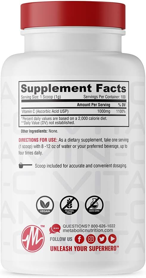 Metabolic Nutrition Vitamina C 1000 mg, Ácido Ascórbico Puro, 100 g