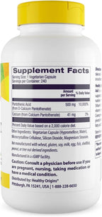 Healthy Origins Premium Vitamin B5 Pantothenic Acid 500 mg Cápsulas Veganas, Alta Concentración, Energía y Metabolismo, Cansancio y Fatiga, 240 cápsulas