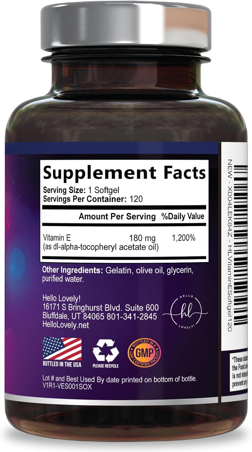 Hello Lovely Vitamina E 180 mg - Suplemento de dl-Alfa Tocoferol - 120 Cápsulas Blandas
