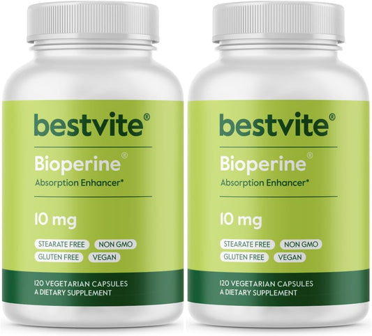 BESTVITE Bioperine 10mg (240 Cápsulas Vegetarianas) - Potenciador de Absorción - Vegano - Sin Gluten - No GMO