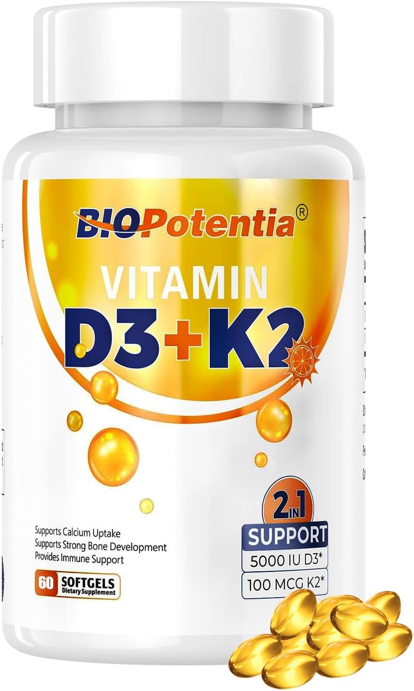 BIO POTENTIA Vitamina D3 K2 con Aceite MCT, 5000 UI D3 + 100 mcg K2 (MK-7), 60 Cápsulas