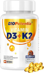 BIO POTENTIA Vitamina D3 K2 con Aceite MCT, 5000 UI D3 + 100 mcg K2 (MK-7), 60 Cápsulas