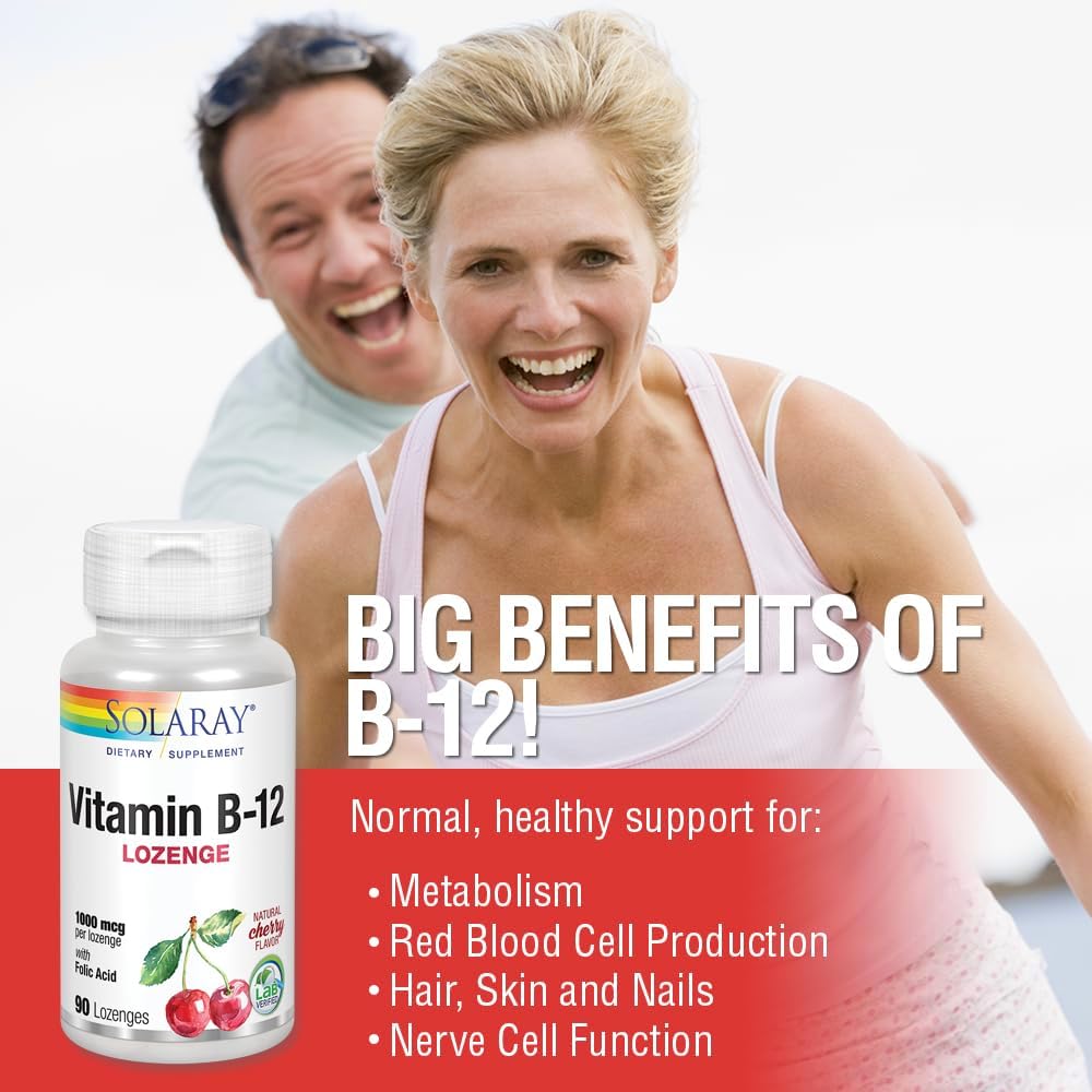 Solaray Vitamina B-12 1000mcg Pastillas Sublinguales con Ácido Fólico, Sabor Cereza Natural, 90 Comprimidos