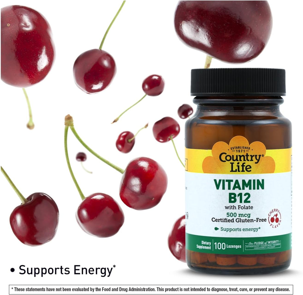 Country Life Vitamina B12 con Folato, 500mcg, 100 Comprimidos