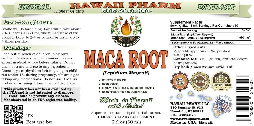 Hawaii Pharm Extracto Líquido de Raíz de Maca sin Alcohol, Grado Profesional, 2 oz (60 ml)