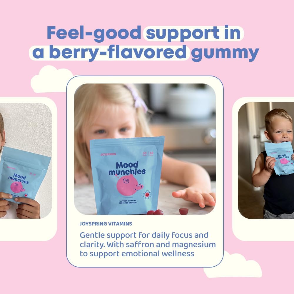 JoySpring Mood Munchies Gominolas de Azafrán para Niños 4+ - Extracto de Azafrán con GABA, Pasiflora y Hierba de San Juan - Vegano, Sin Azúcar