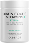 Codeage Brain Focus Vitamins+ - Nootrópico con Citicolina Cognizin, Panax Ginseng, Resveratrol, Gotu Kola, Vitamina B12 - 60 Cápsulas