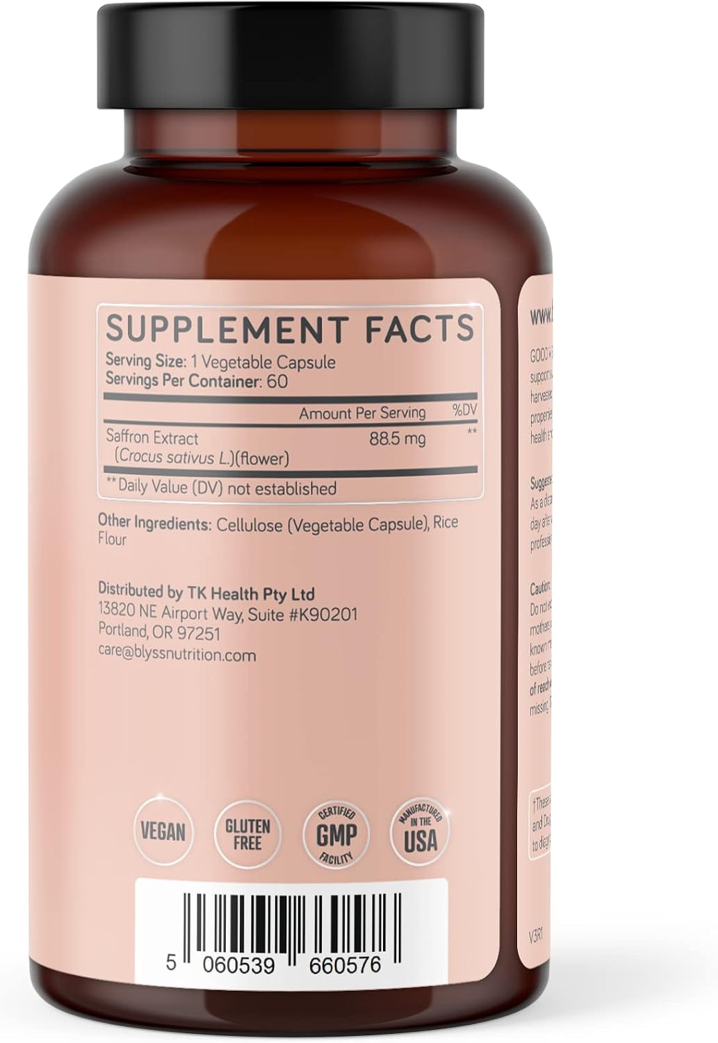 BLYSS Nutrition GOOD VIBES – Suplemento de Azafrán para Mujer, 60 Cápsulas Veganas
