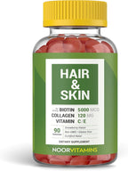 Noor Vitamins Halal Hair Vitamins – Biotina, Colágeno, Sílice, Vitamina C y E – Gominolas de Fresa Natural – 90 unidades