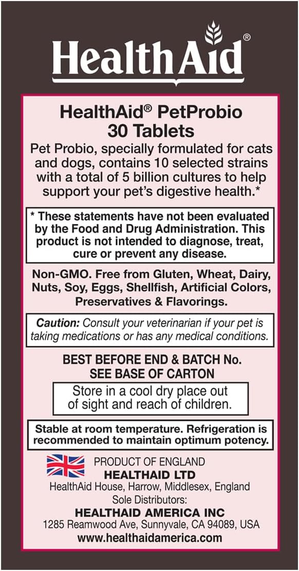 HealthAid PetProbio 5 Billion CFU Probiótico para Perros y Gatos - 10 Cepas - Sabor Natural a Carne e Hígado - No GMO, Sin Gluten