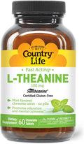 Country Life L-Teanina de Acción Rápida 100 mg, 60 Tabletas Masticables, Sabor a Menta, Certificado Sin Gluten, Vegano