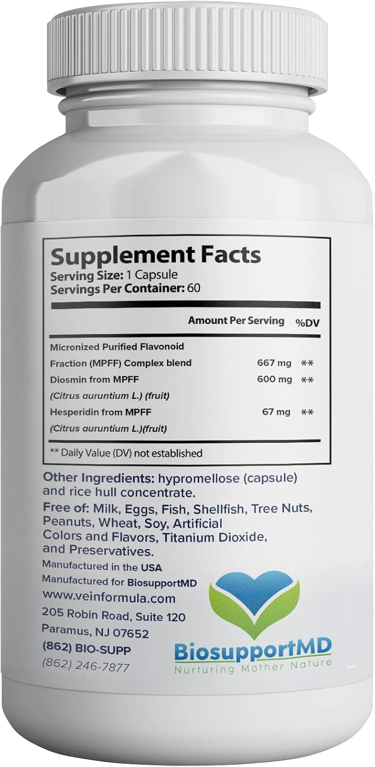 VITASUPPORTMD Vein Formula – Suplemento para la Circulación y Salud Venosa, 60 Cápsulas, Diosmina Hesperidina 667 mg (MPFF) con Bioflavonoides Micronizados