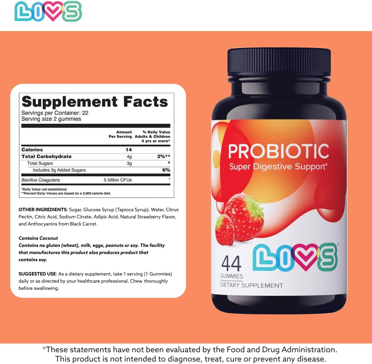 LIVS Probióticos en Gominolas para Mujeres y Hombres – 5 Mil Millones de CFU Bacillus Coagulans – Salud Digestiva, Ánimo e Inmunidad – Natural, Vegano, Sabor Fresa – 44 Gomitas