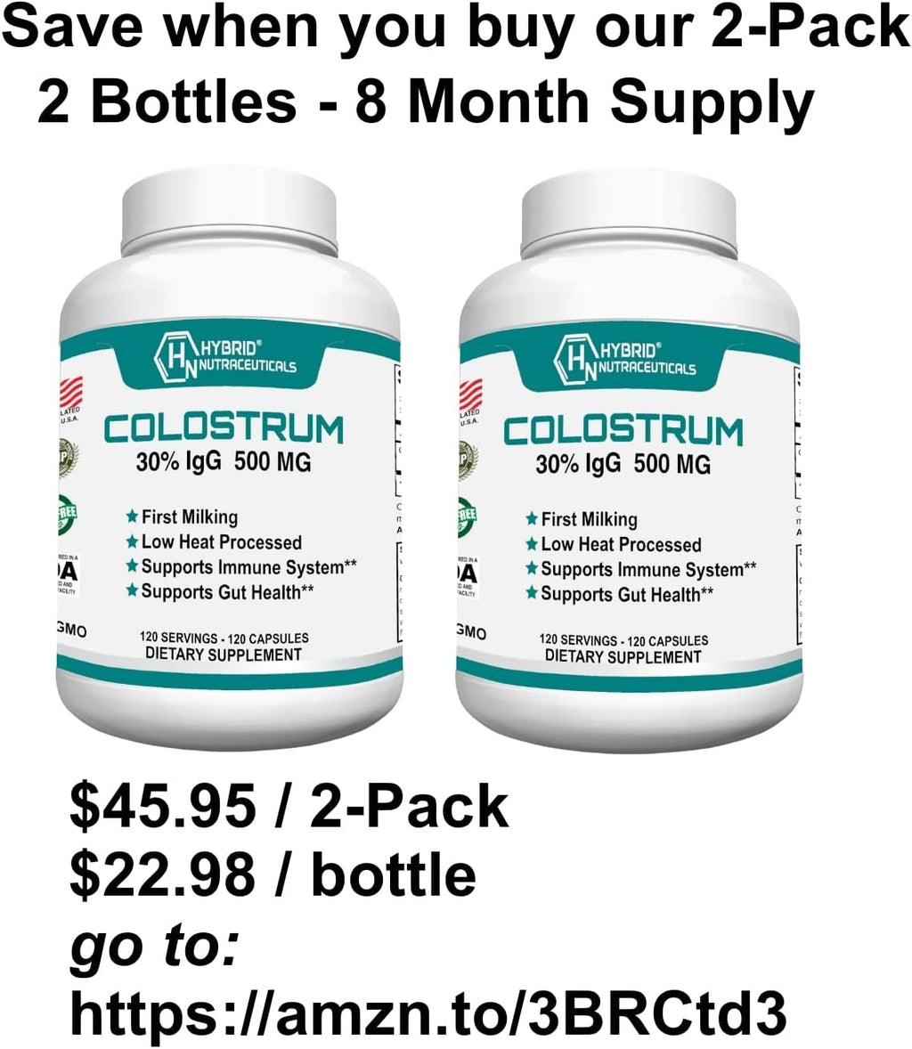 Hybrid Nutraceuticals Suplemento de Calostro Bovino - 500mg por Cápsula - 30% IgG - 120 Cápsulas