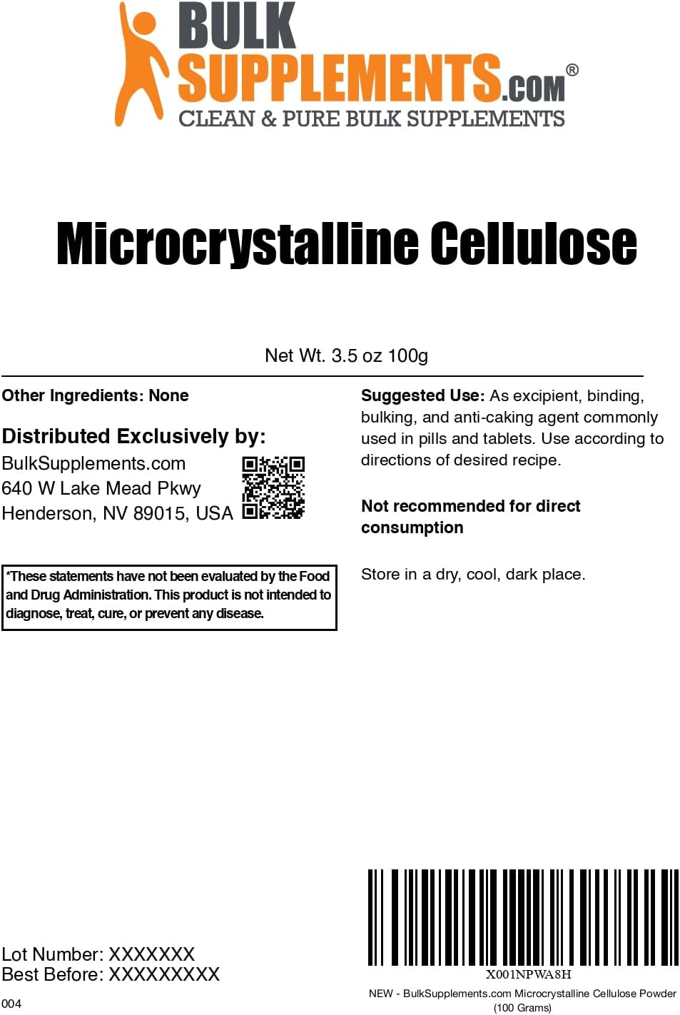 BulkSupplements.com Celulosa Microcristalina en Polvo - MCC, Grado Alimenticio - Excipiente, Aglutinante y Antiaglomerante, 100g