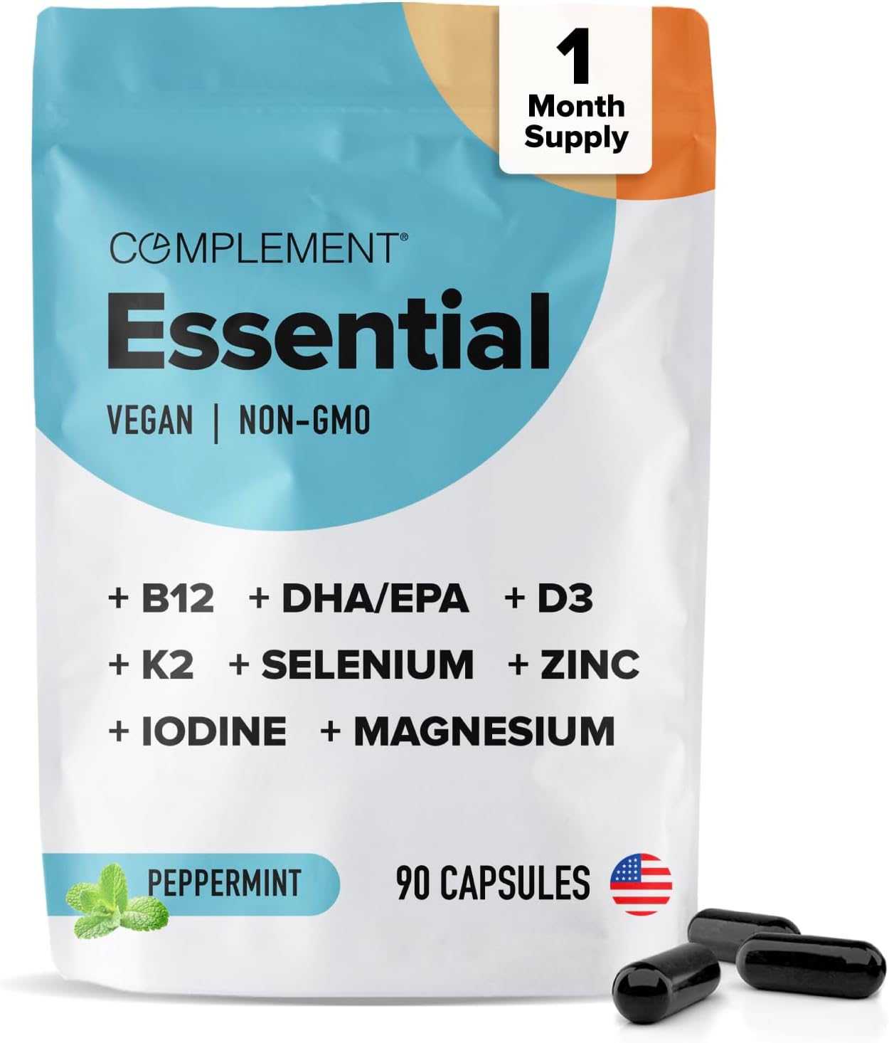 Complement Essential Multivitamínico Vegano para Mujeres y Hombres - Con Omega-3 DHA y EPA, B12, Vitamina D3 y K2, Zinc, Selenio, Magnesio, Yodo (60 Dosis, 180 Cápsulas)