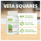 NeoLife Vita-Squares - Multivitamínico infantil masticable con 18 vitaminas y minerales, hierro, zinc, vitamina D3, complejo B, vitaminas C y E, sabor bayas cítricos, 180 comprimidos