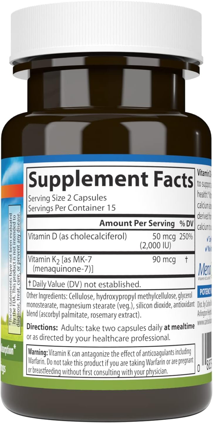 Carlson - Vitamina D3 + K2, 2000 UI (50 mcg) de D3 y 90 mcg de K2 MK-7, 30 Cápsulas