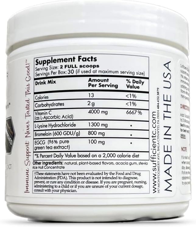 Sufficient-C 4.000 mg Vitamina C de alta dosis, mezcla para bebida de limón y melocotón 250 g
