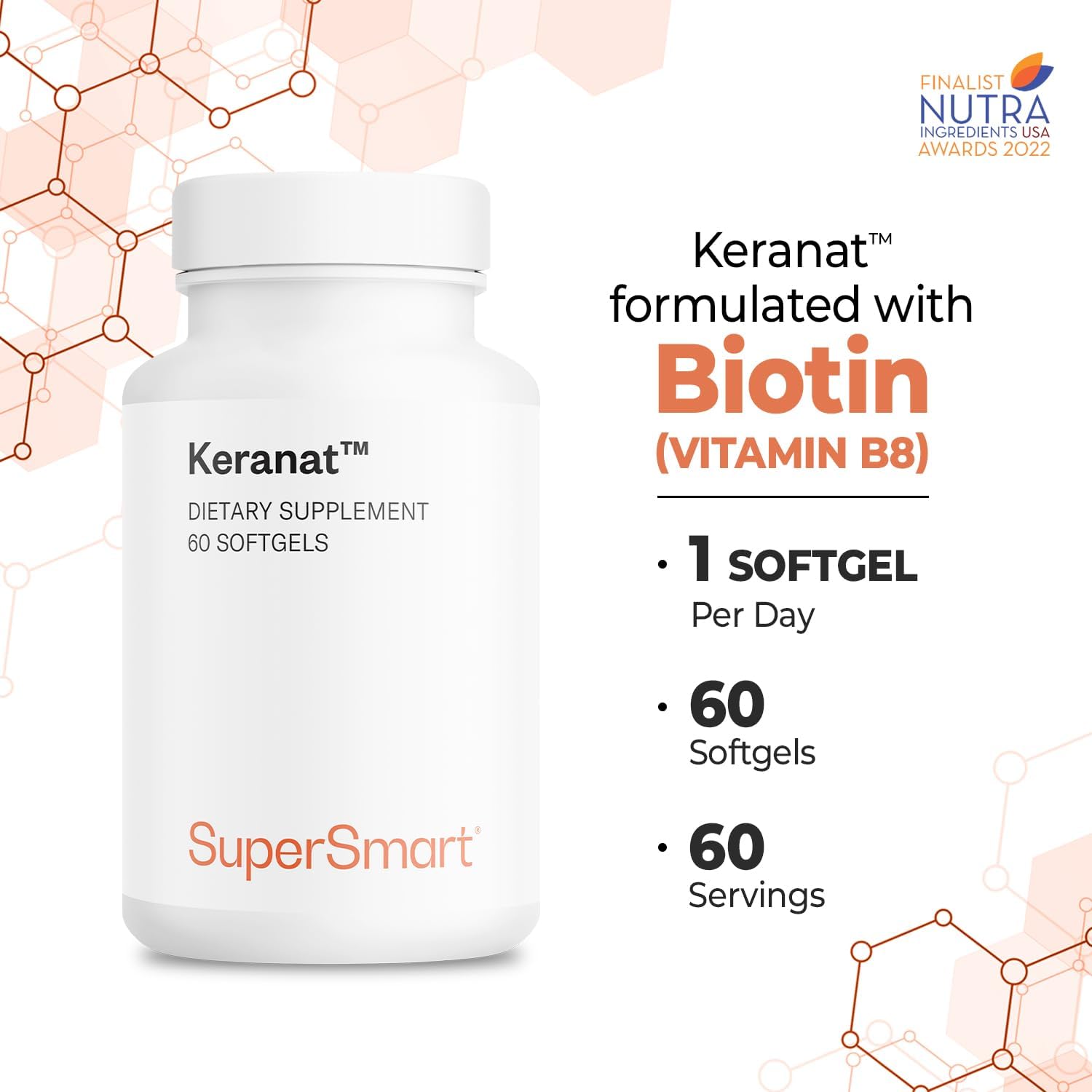 Supersmart Keranat - Fórmula Avanzada con Biotina - Complemento para el Cabello - 60 Cápsulas Blandas