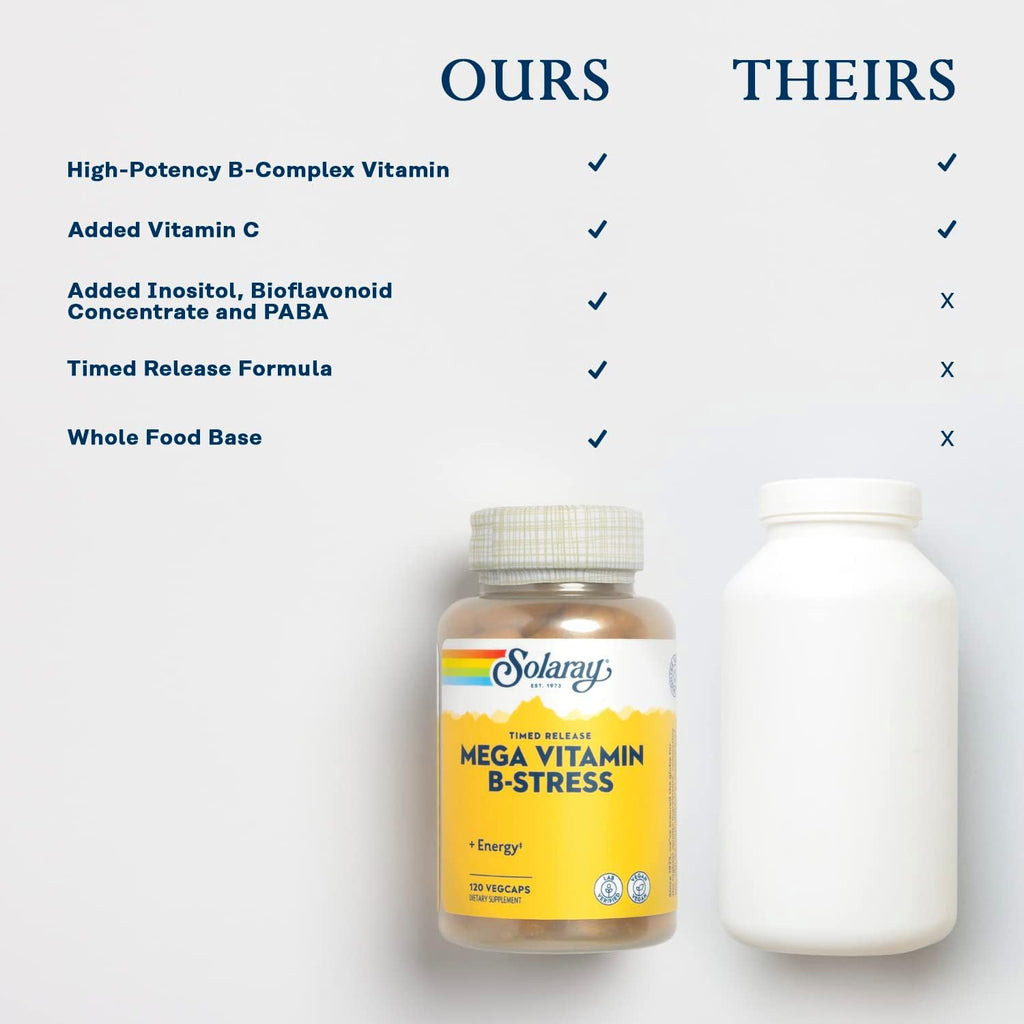 SOLARAY Mega Vitamina B-Estrés, complejo B de liberación prolongada con 1000 mg de vitamina C, 120 cápsulas veganas