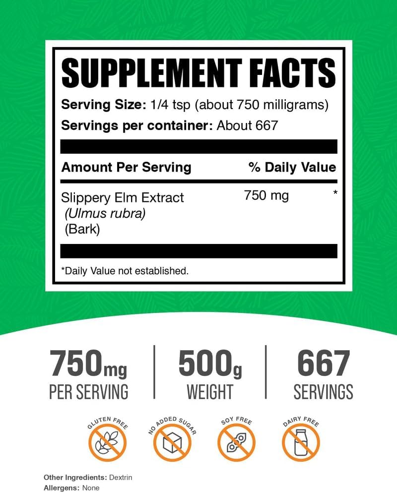 BulkSupplements Extracto de Corteza de Olmo Resbaladizo en Polvo - 500g