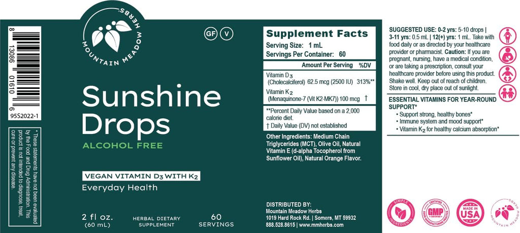 Mountain Meadow Herbs Sunshine Drops - Vitamina D3 Vegana, 2oz (60ml)