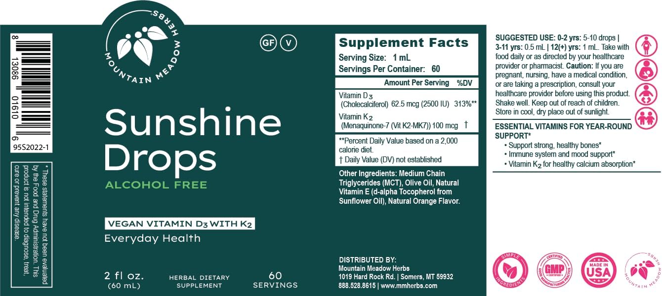 Mountain Meadow Herbs Sunshine Drops - Vitamina D3 Vegana, 2oz (60ml)