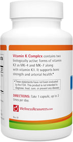 Wellness Resources Complejo de Vitamina K - 600 µg Vitamina K2 (como MK-4 y Trans MK-7) y 1000 µg K1 - Salud Ósea y Cardiovascular - 90 Cápsulas No-GMO