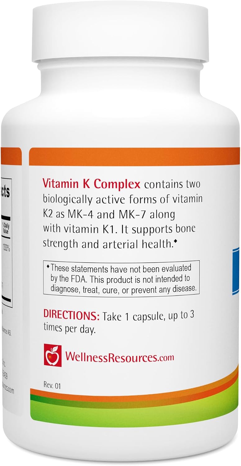 Wellness Resources Complejo de Vitamina K - 600 µg Vitamina K2 (como MK-4 y Trans MK-7) y 1000 µg K1 - Salud Ósea y Cardiovascular - 90 Cápsulas No-GMO