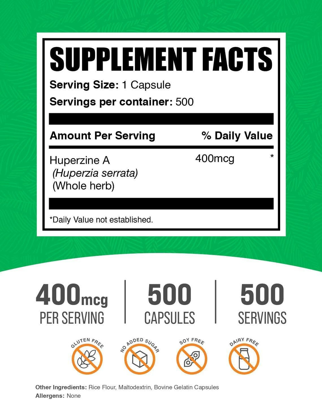 BulkSupplements.com Huperzina A 400mcg Cápsulas - Suplemento Nootrópico - Sin Gluten, 1 Cápsula por Ración, 500 Unidades