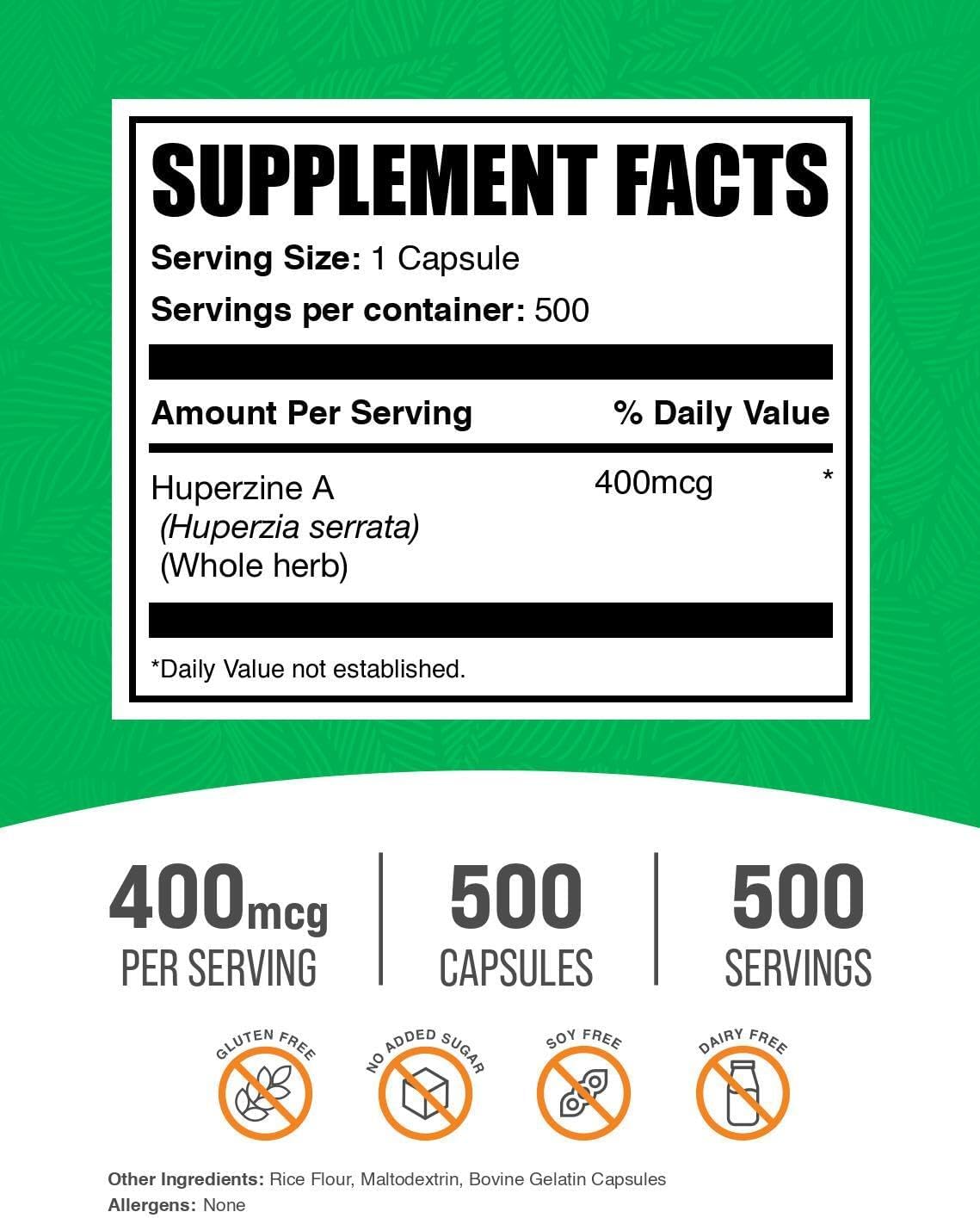 BulkSupplements.com Huperzina A 400mcg Cápsulas - Suplemento Nootrópico - Sin Gluten, 1 Cápsula por Ración, 500 Unidades
