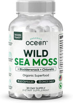 Organics Ocean Wild Sea Moss Cápsulas - Musgo Marino Orgánico con Chlorella, Bladderwrack y Vitamina D - 3 Botellas