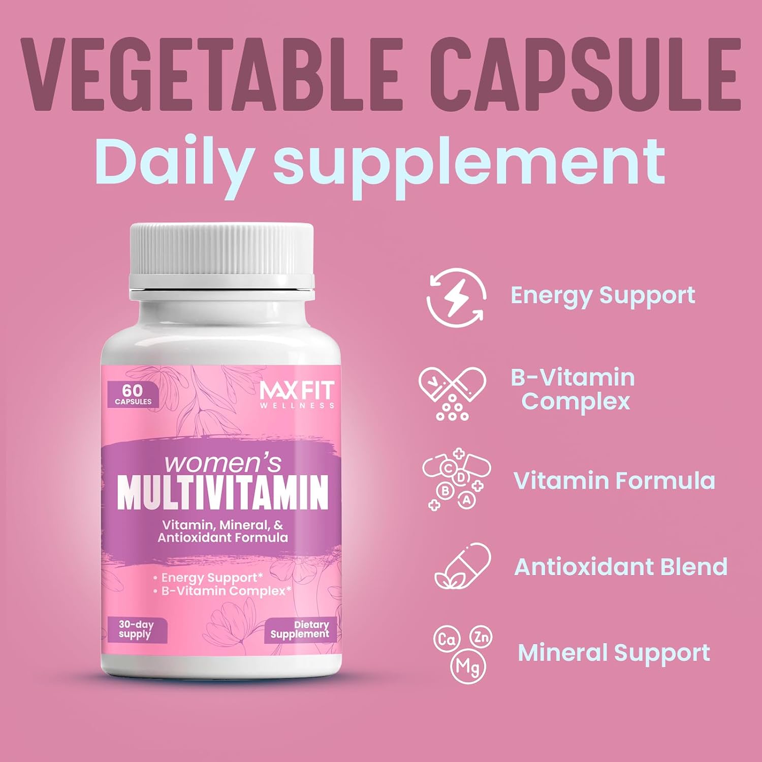 MAX FIT Multivitamínico para Mujeres 50+ – Complejo de Vitaminas A, B, C, D, E, Calcio y Hierro – Apoya Energía, Cabello, Piel y Uñas – 60 Cápsulas