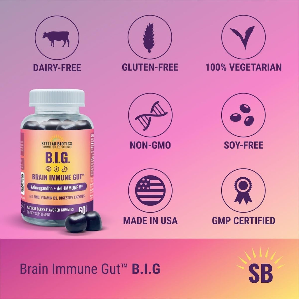 Del-Immune V + Ashwagandha - Gominolas B.I.G. (Brain Immune Gut) con Zinc, Vitamina D3 y Enzimas Digestivas (60 gominolas)