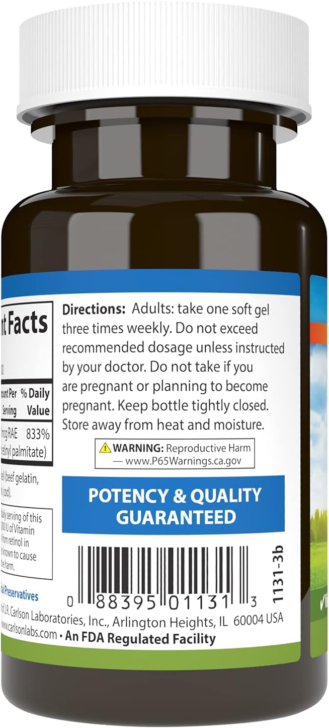 Carlson - Vitamin A, 25,000 IU (7,500 mcg RAE), For Vision and Skin, Immune Health, 100 Soft Gels