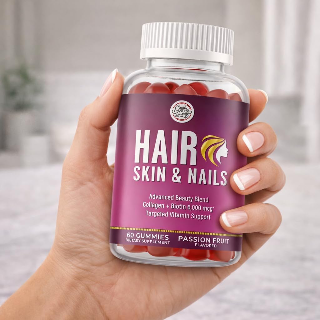 Grab The Gold Vitaminas para Cabello, Piel y Uñas | Gominolas con Biotina 6000 mcg y Colágeno | Sabor Maracuyá | Sin Gluten, No-GMO