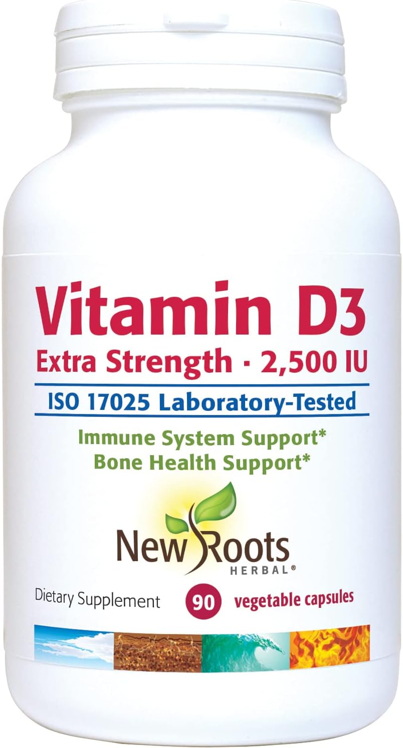 NEW ROOTS HERBAL Vitamina D3 2.500 UI (62,5 mcg) - No GMO y Sin Gluten (90 Cápsulas Vegetales)