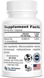 Bio-Tech Pharmacal D3-5 (5000 UI), 250 Cápsulas Vegetales – Suplemento Dietético Natural – Apoya la Salud Ósea e Inmunológica – Sin Lácteos, Pescado, Gluten, Cacahuetes, Mariscos y Soja