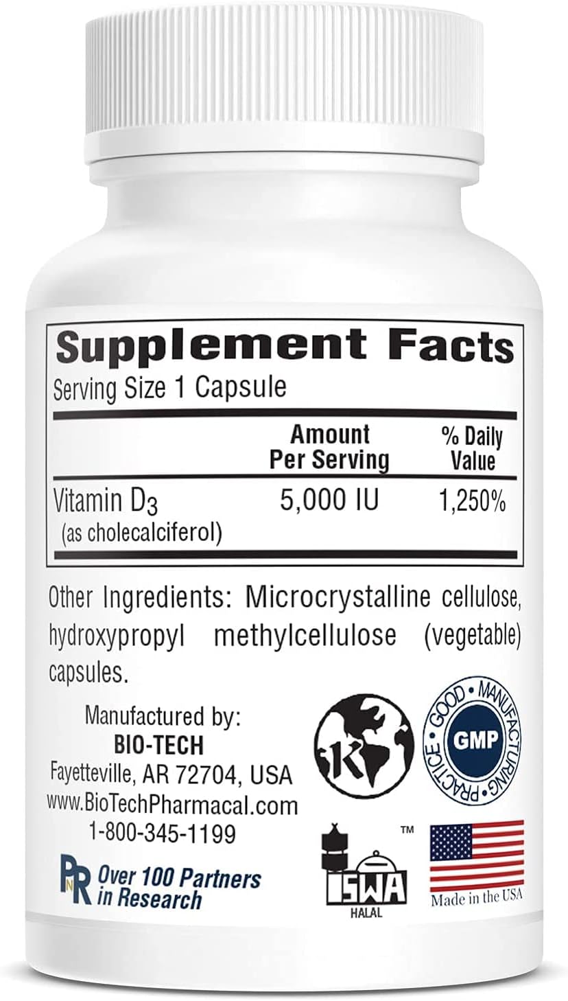 Bio-Tech Pharmacal D3-5 (5000 UI), 250 Cápsulas Vegetales – Suplemento Dietético Natural – Apoya la Salud Ósea e Inmunológica – Sin Lácteos, Pescado, Gluten, Cacahuetes, Mariscos y Soja