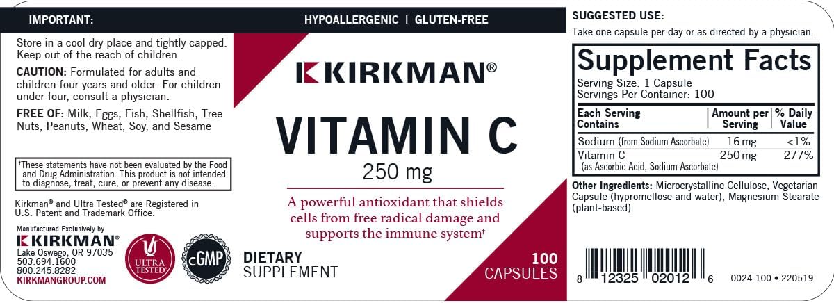 Kirkman Vitamina C 250 mg, 100 cápsulas